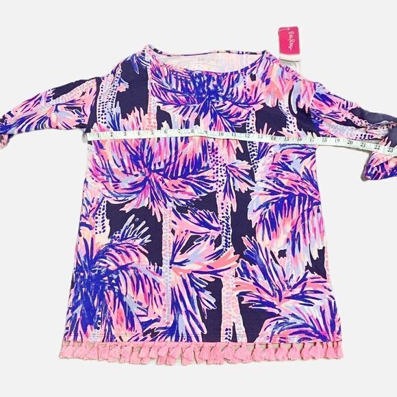 Lilly Pulitzer Mercer Top in Bright Navy Palms Up Reduced Tassel Blue Pink - XXS - Picture 11 of 12
